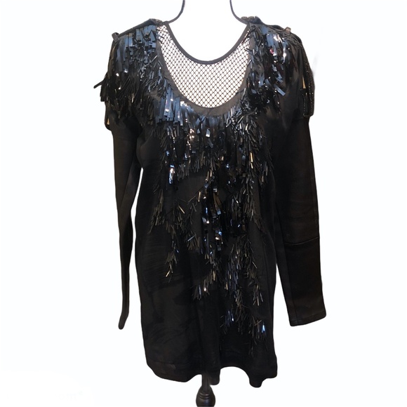BARBARA BUI RUNWAY EMBELLISHED BLACK MINI DRESS WITH MESH SHIRT SIZE 40 - Picture 2 of 16